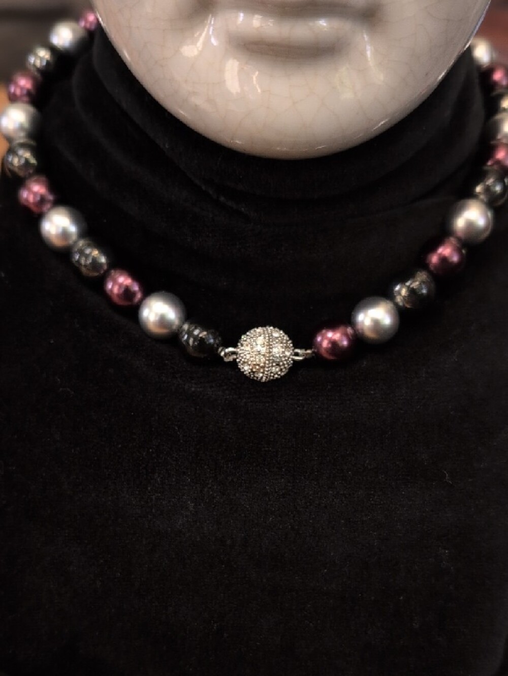 Beaded Pearl-Accent Choker in Black, Gray & Plum